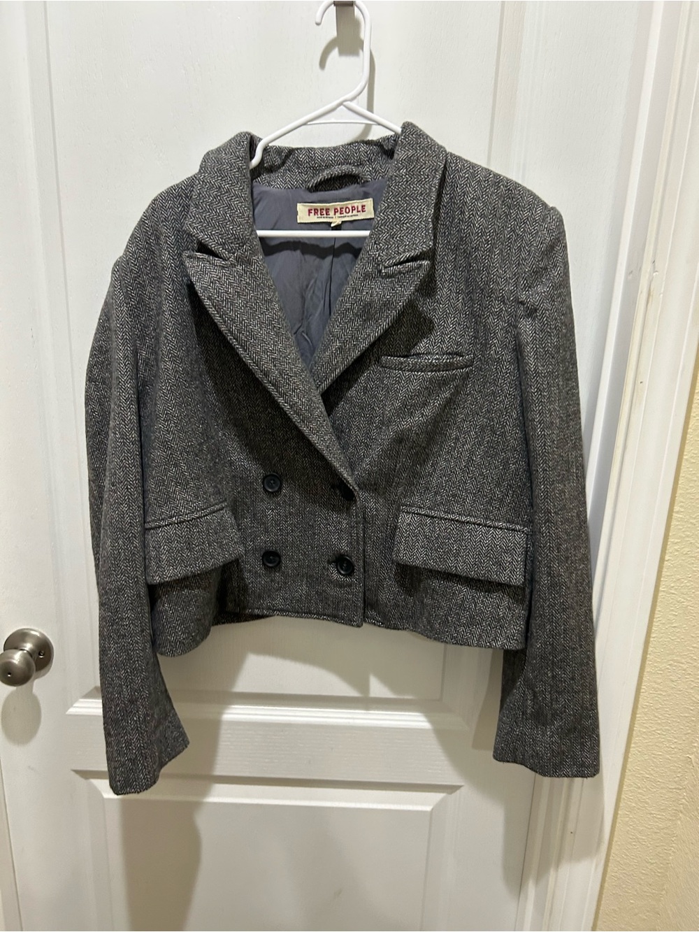 Free People Gray Cropped Double-Breasted Blazer
